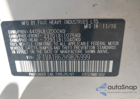 2017 Subaru Wrx z USA, uszkodzony, nr VIN JF1VA1B62H9826999